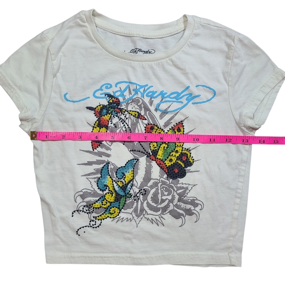 Ed Hardy Kids Rhinestone Butterfly Tattoo Graphic Tee White Size Small - Picture 7 of 8